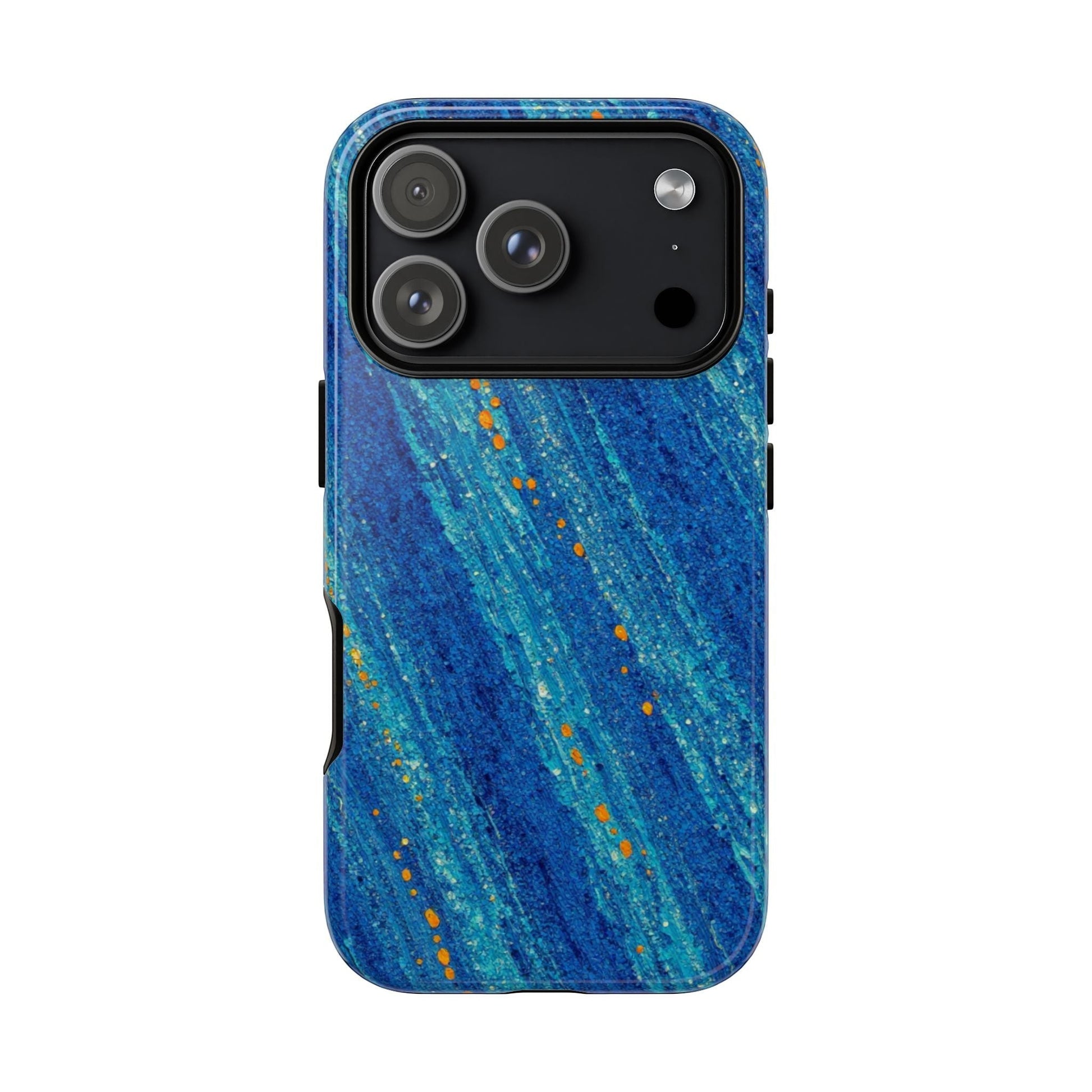 Inspiring Phone Cases cobalt blue MagSafe iPhone case with abstract diagonal drift pattern and vibrant orange accents.