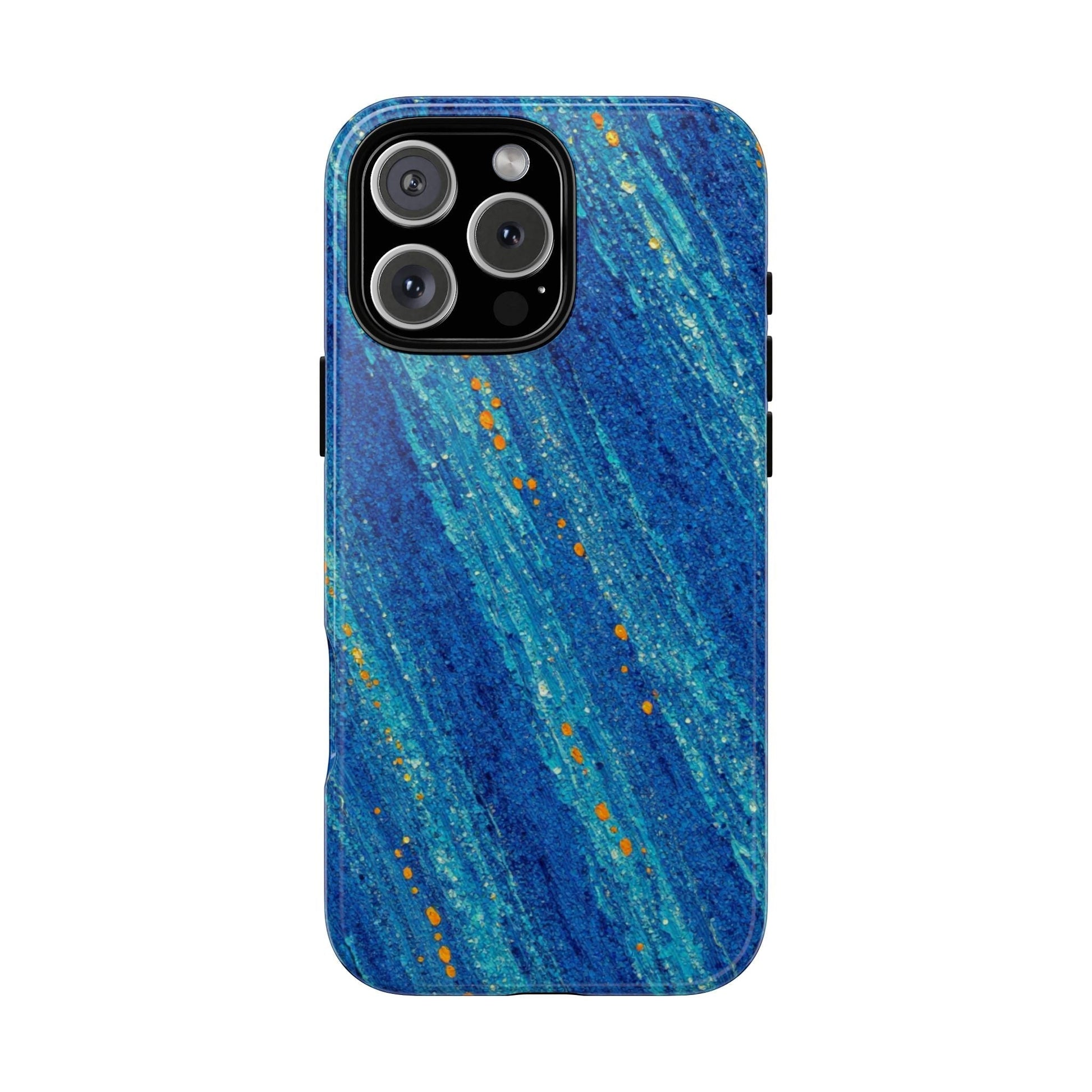Inspiring Phone Cases cobalt blue MagSafe iPhone case with abstract diagonal brush strokes and vibrant orange accents.