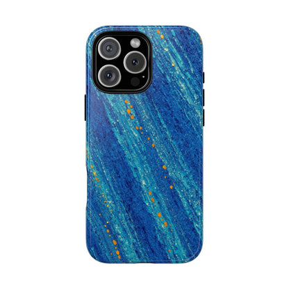 Inspiring Phone Cases cobalt blue MagSafe iPhone case with abstract diagonal brush strokes and vibrant orange accents.