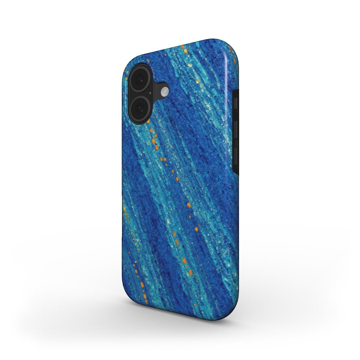 Inspiring Phone Cases cobalt blue MagSafe iPhone case with abstract diagonal brushstrokes and vibrant orange accents.