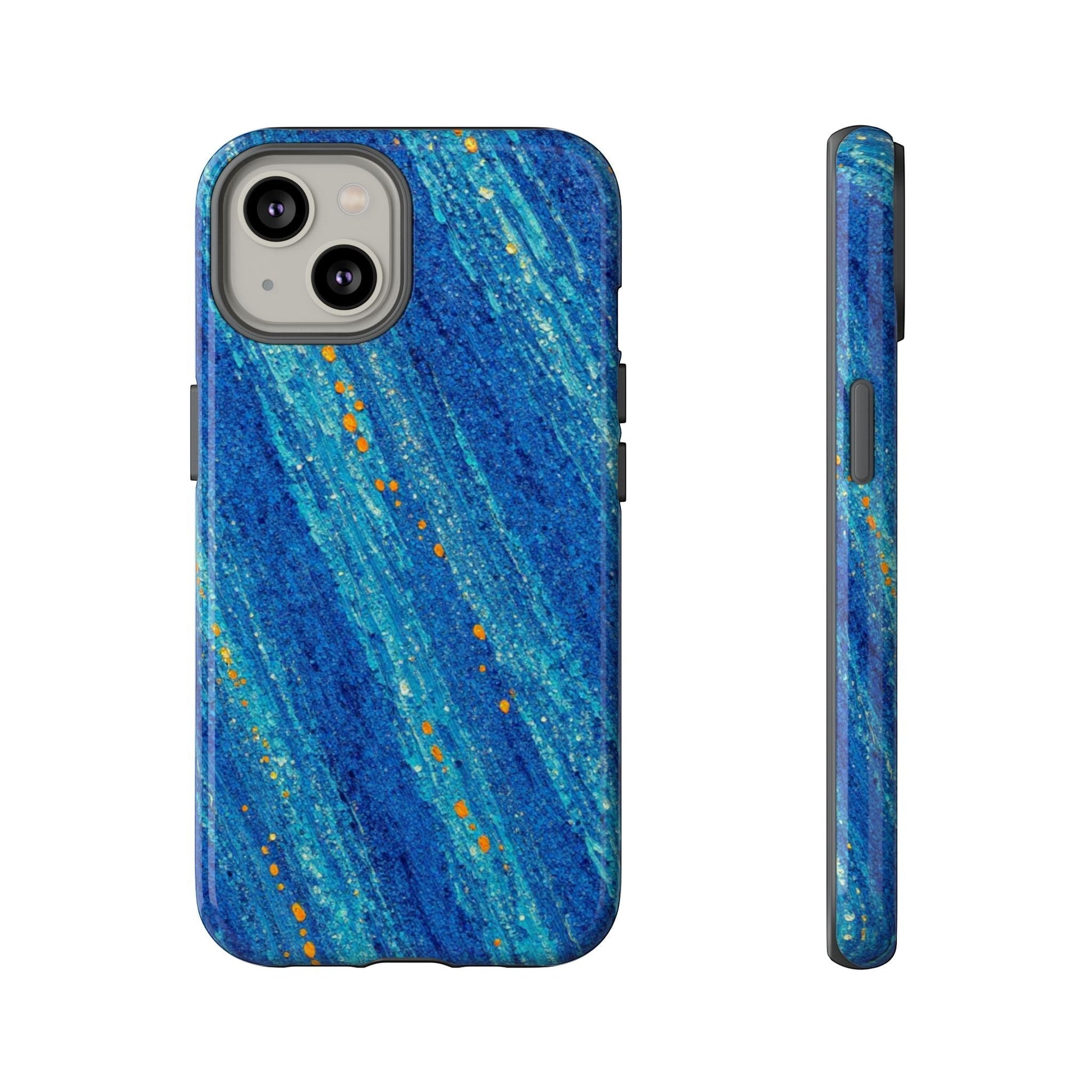 Inspiring Phone Cases cobalt blue MagSafe iPhone case with abstract diagonal brushstrokes and vibrant orange accents.