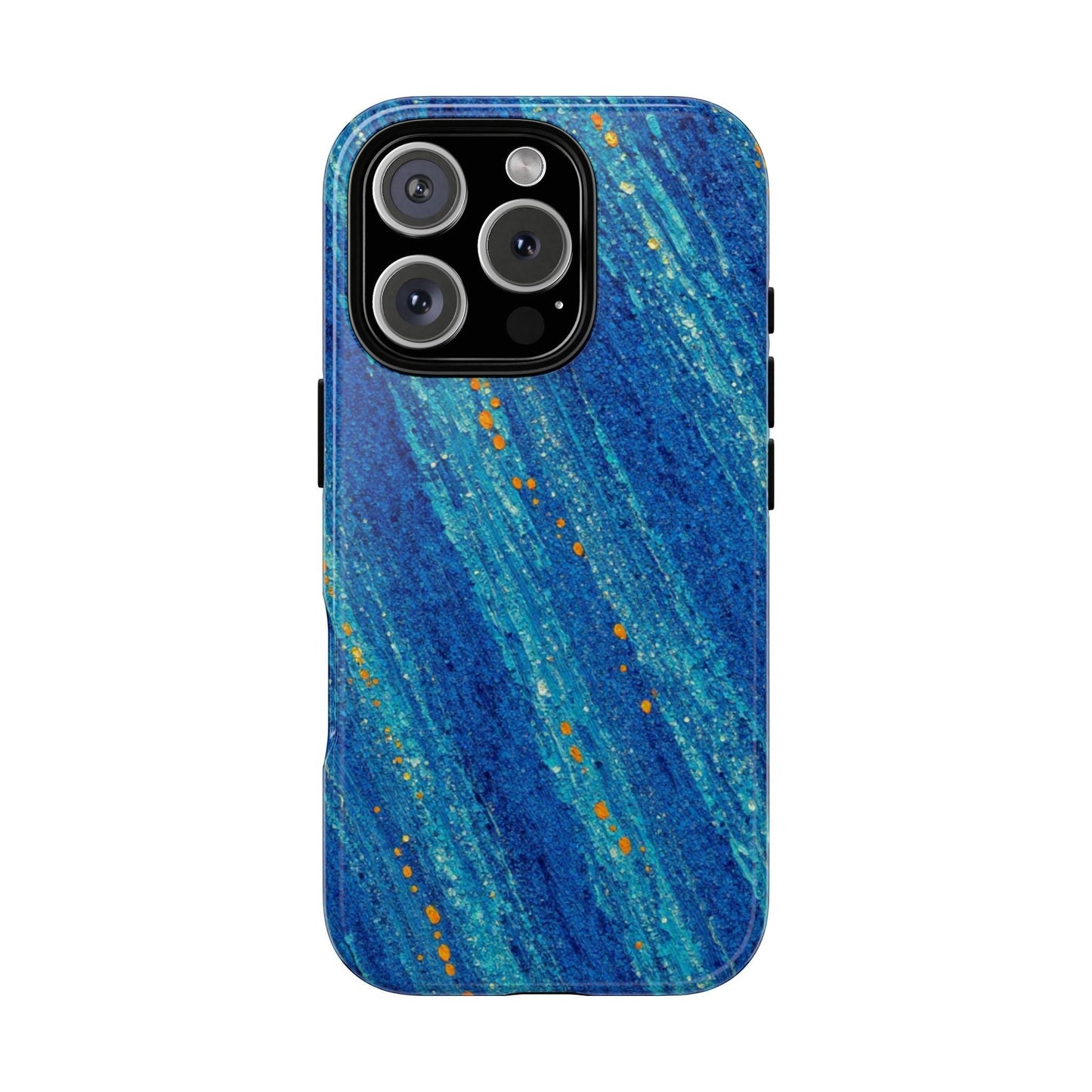 Inspiring Phone Cases cobalt blue MagSafe iPhone case with abstract diagonal brush strokes and vibrant orange accents.