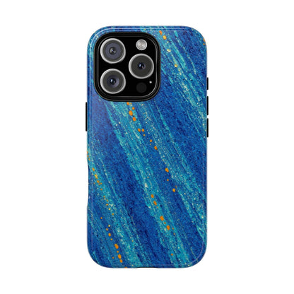 Inspiring Phone Cases cobalt blue MagSafe iPhone case with abstract diagonal brush strokes and vibrant orange accents.