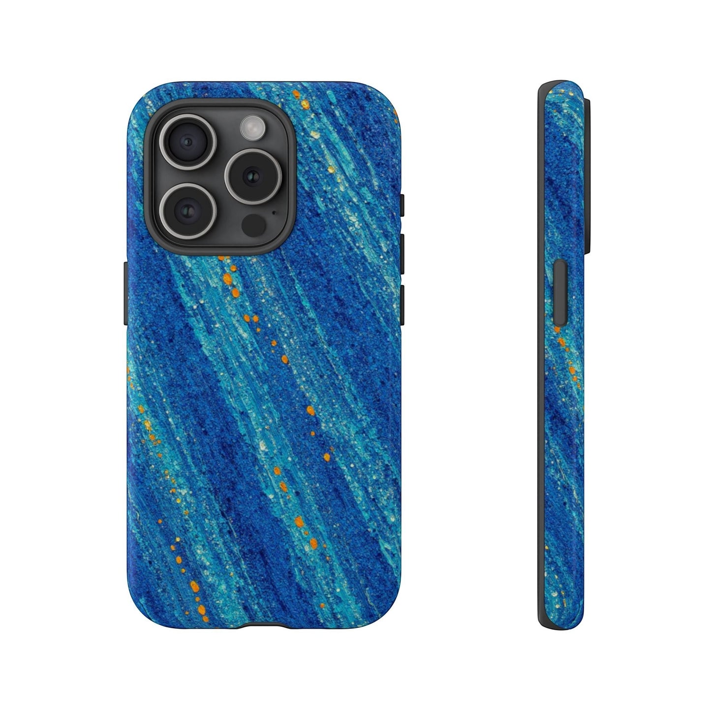 Inspiring Phone Cases cobalt blue MagSafe iPhone case with abstract diagonal brush strokes and vibrant orange accents.