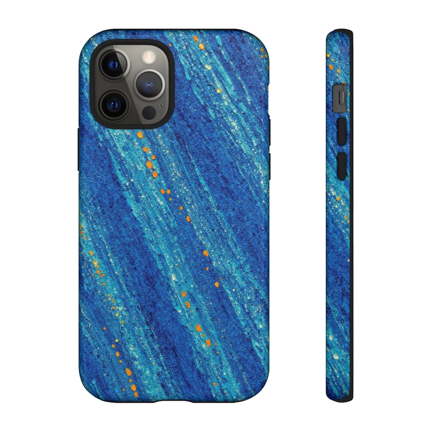 Inspiring Phone Cases Cobalt Blue Drift MagSafe iPhone case with abstract blue brushstrokes and vibrant orange accents.