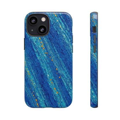 Inspiring Phone Cases cobalt blue MagSafe iPhone case with abstract diagonal brushstrokes and vibrant orange accents.