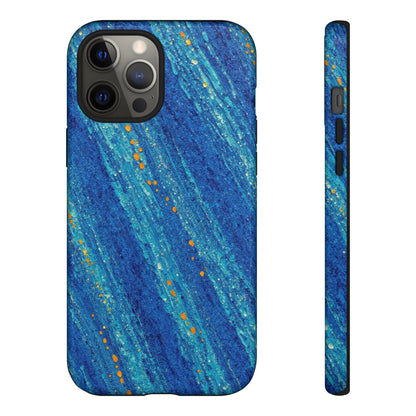 Inspiring Phone Cases cobalt blue MagSafe iPhone case with abstract diagonal brushstrokes and vibrant orange accents.