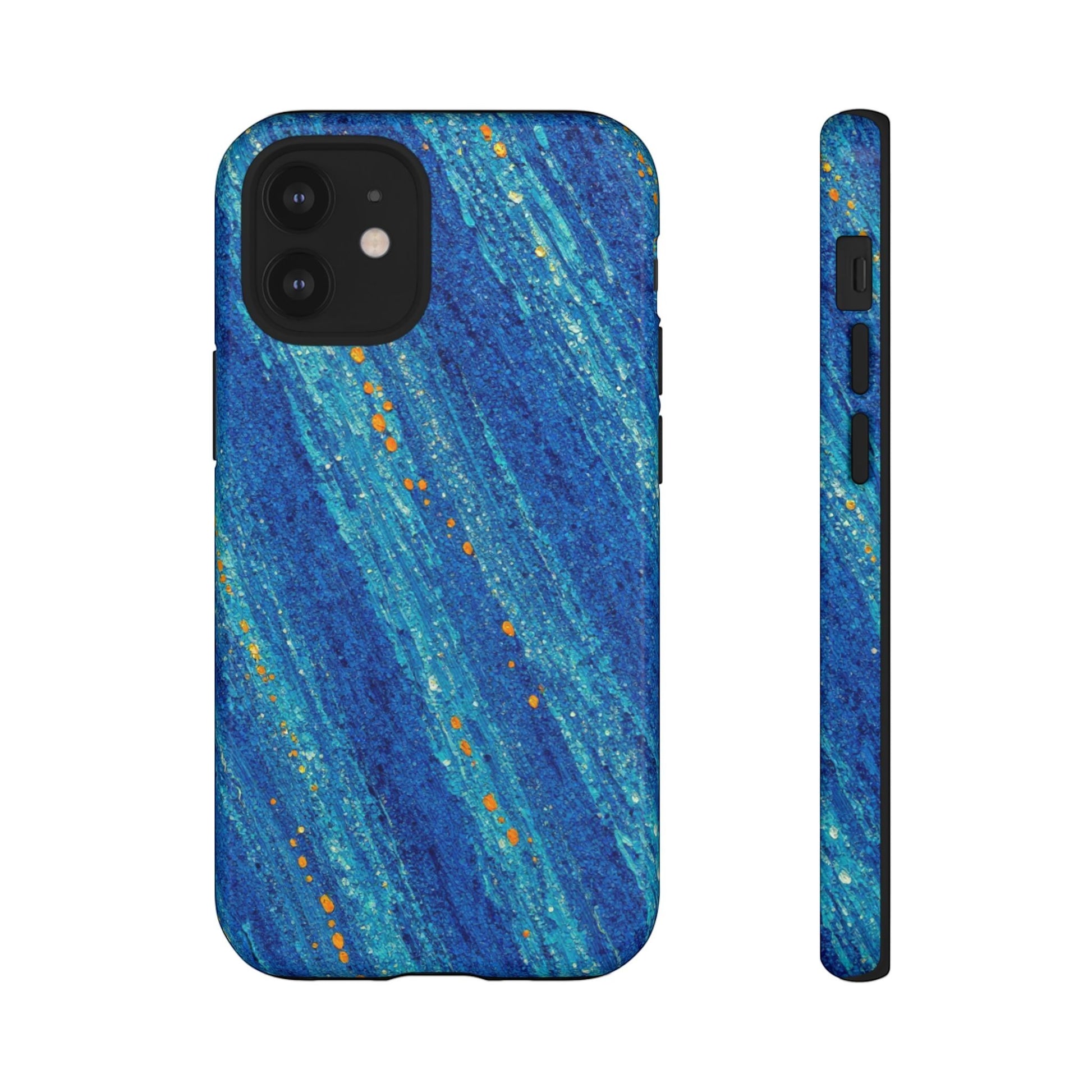 Inspiring Phone Cases cobalt blue MagSafe iPhone case with abstract diagonal drift pattern and vibrant orange accents.
