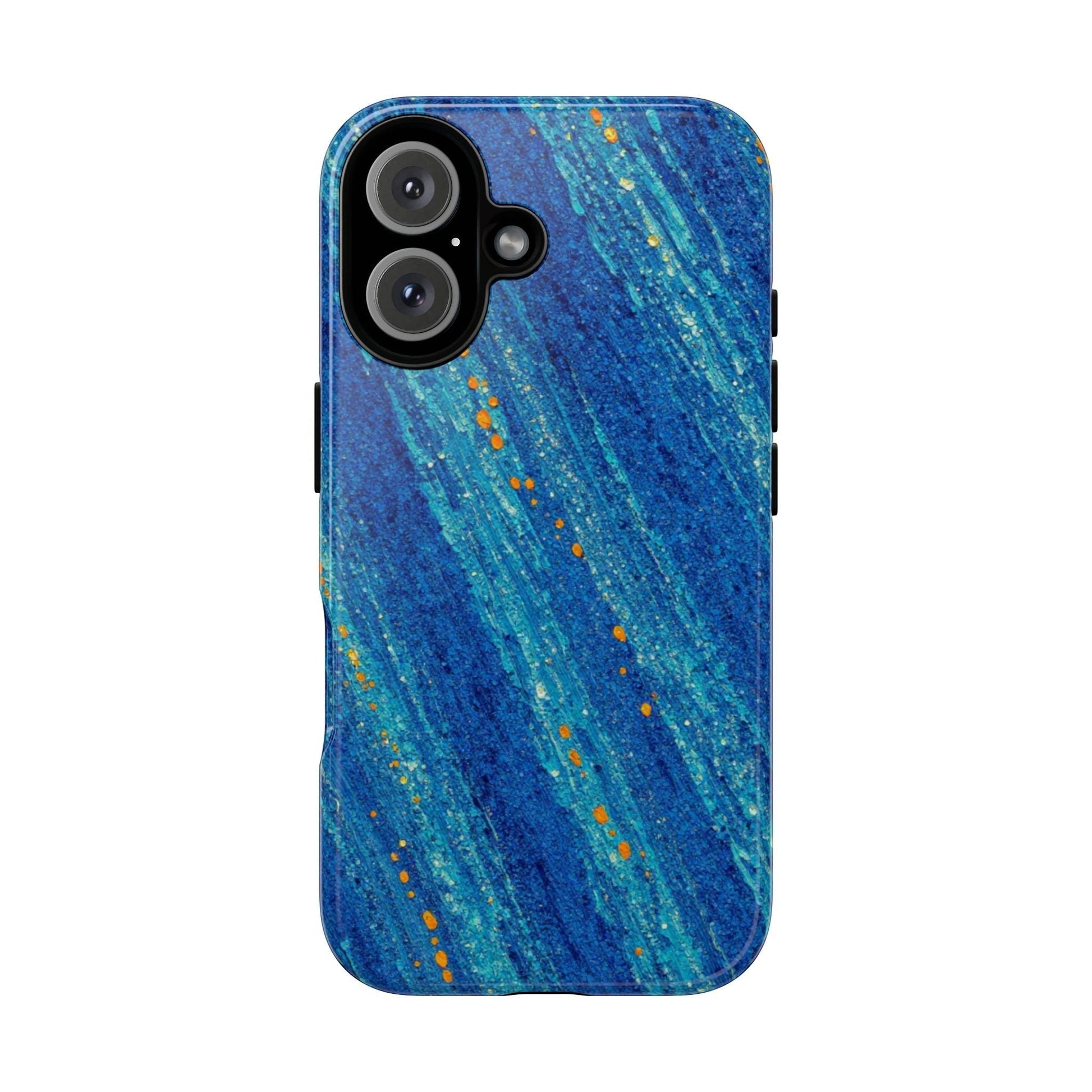 Inspiring Phone Cases cobalt blue MagSafe iPhone case with abstract diagonal brushstrokes and vibrant orange accents.