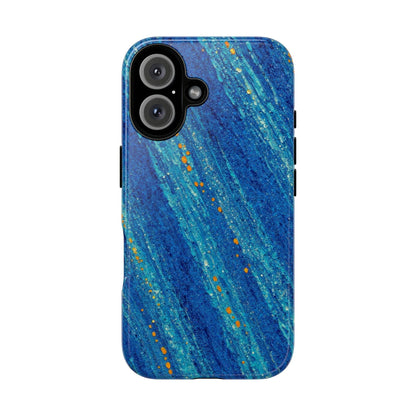 Inspiring Phone Cases cobalt blue MagSafe iPhone case with abstract diagonal brushstrokes and vibrant orange accents.