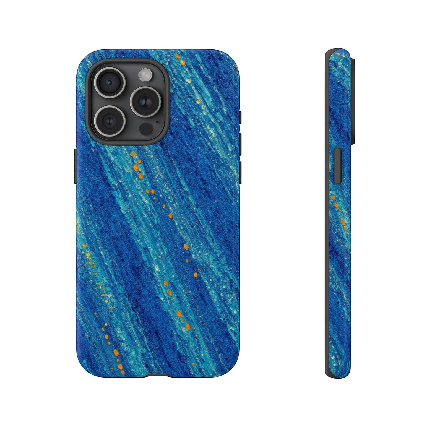 Inspiring Phone Cases cobalt blue iPhone case with abstract drift pattern and orange accents, MagSafe compatible.