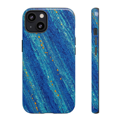 Inspiring Phone Cases cobalt blue MagSafe iPhone case with abstract diagonal drift pattern and vibrant orange accents.