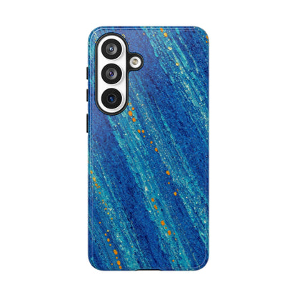 Inspiring Phone Cases Cobalt Drift phone case with abstract blue and turquoise strokes and vibrant orange accents.