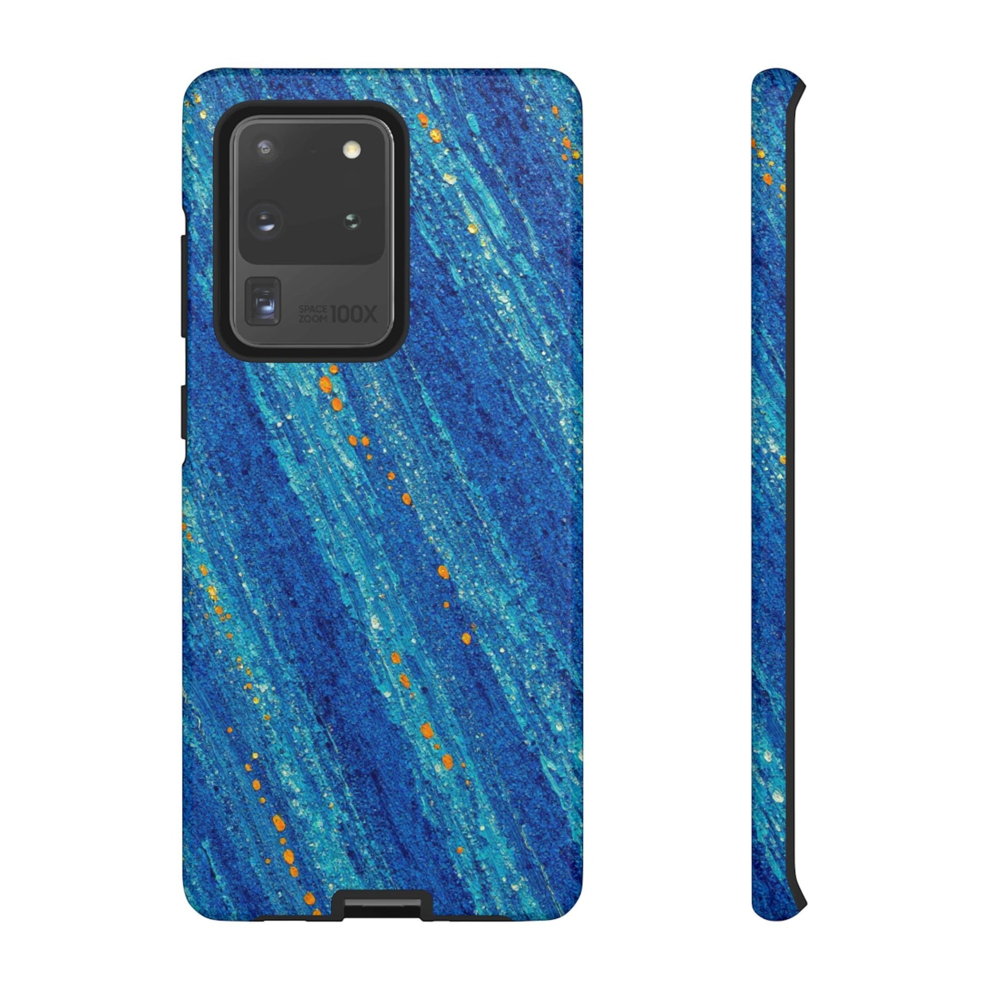 Inspiring Phone Cases Cobalt Drift phone case with abstract blue diagonal strokes and vibrant orange accents.