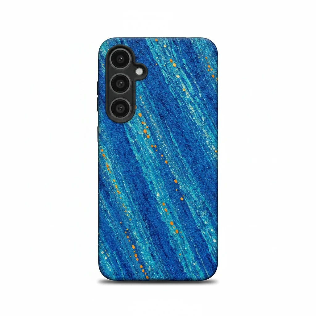 Inspiring Phone Cases Cobalt Drift phone case with abstract blue and turquoise diagonal strokes and orange accents.