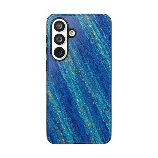 Inspiring Phone Cases Cobalt Drift phone case with abstract blue and turquoise strokes and vibrant orange accents.