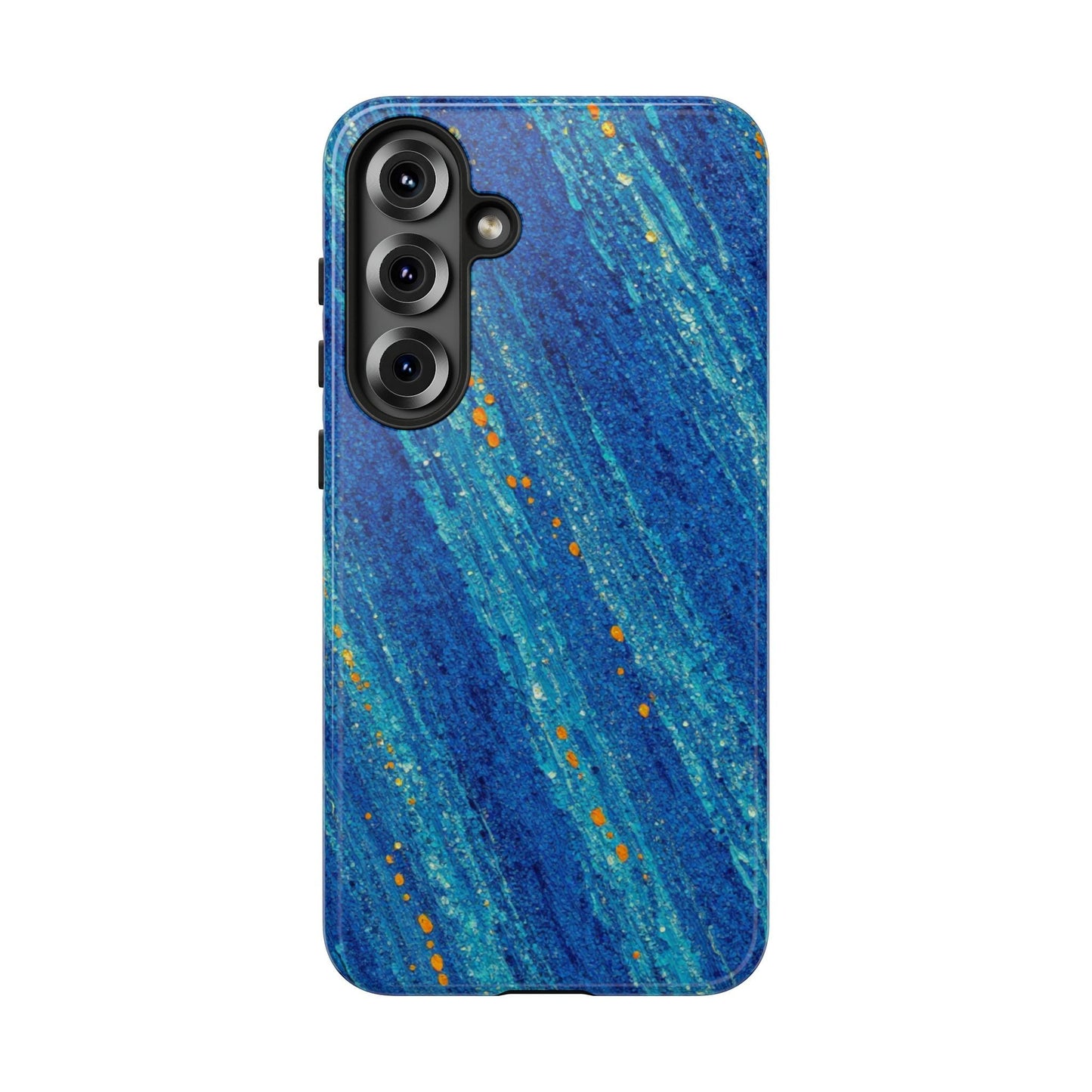 Inspiring Phone Cases Cobalt Drift phone case with blue abstract motion strokes and vibrant orange accents for Samsung.