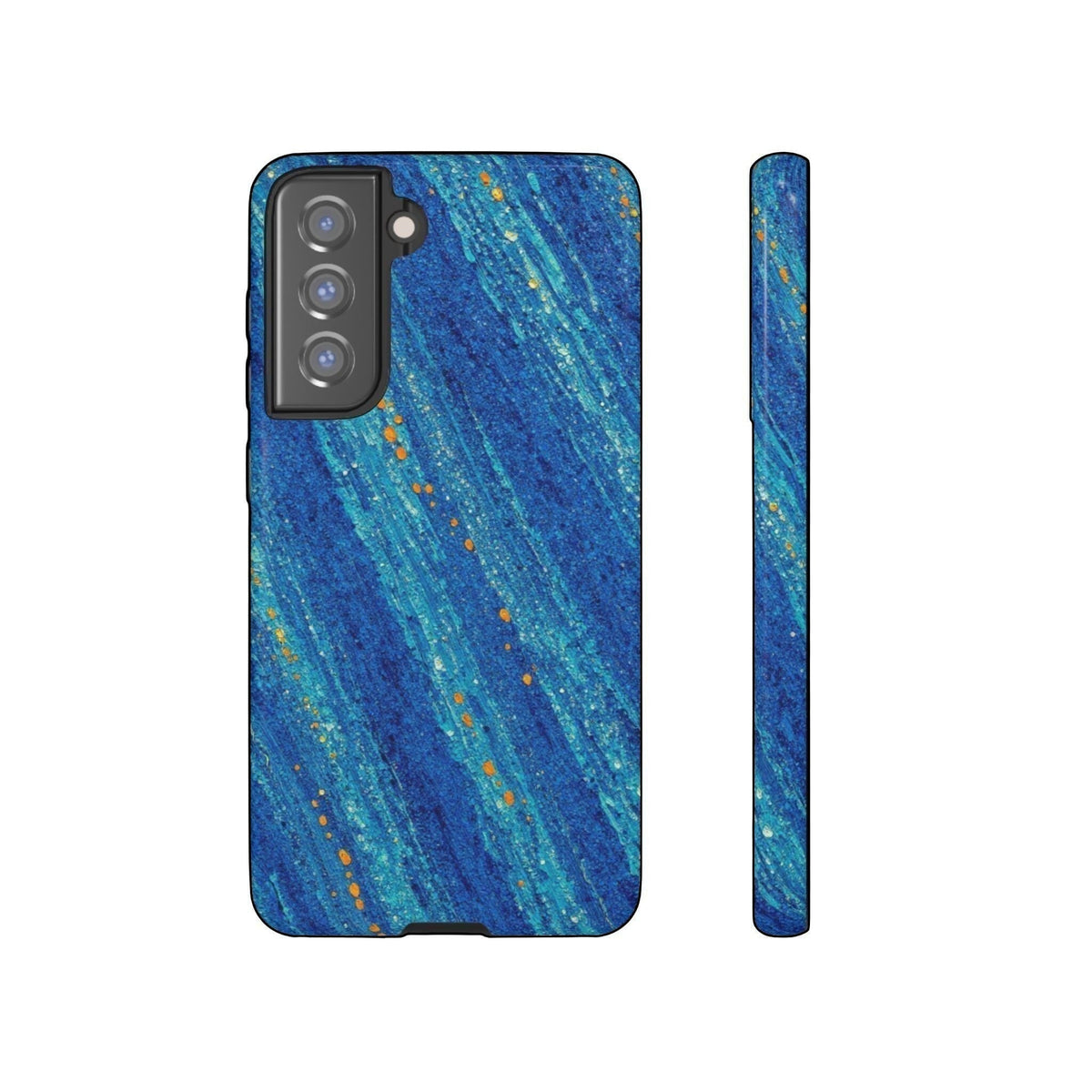 Inspiring Phone Cases Cobalt Drift phone case with blue abstract strokes and orange accents for Samsung Galaxy