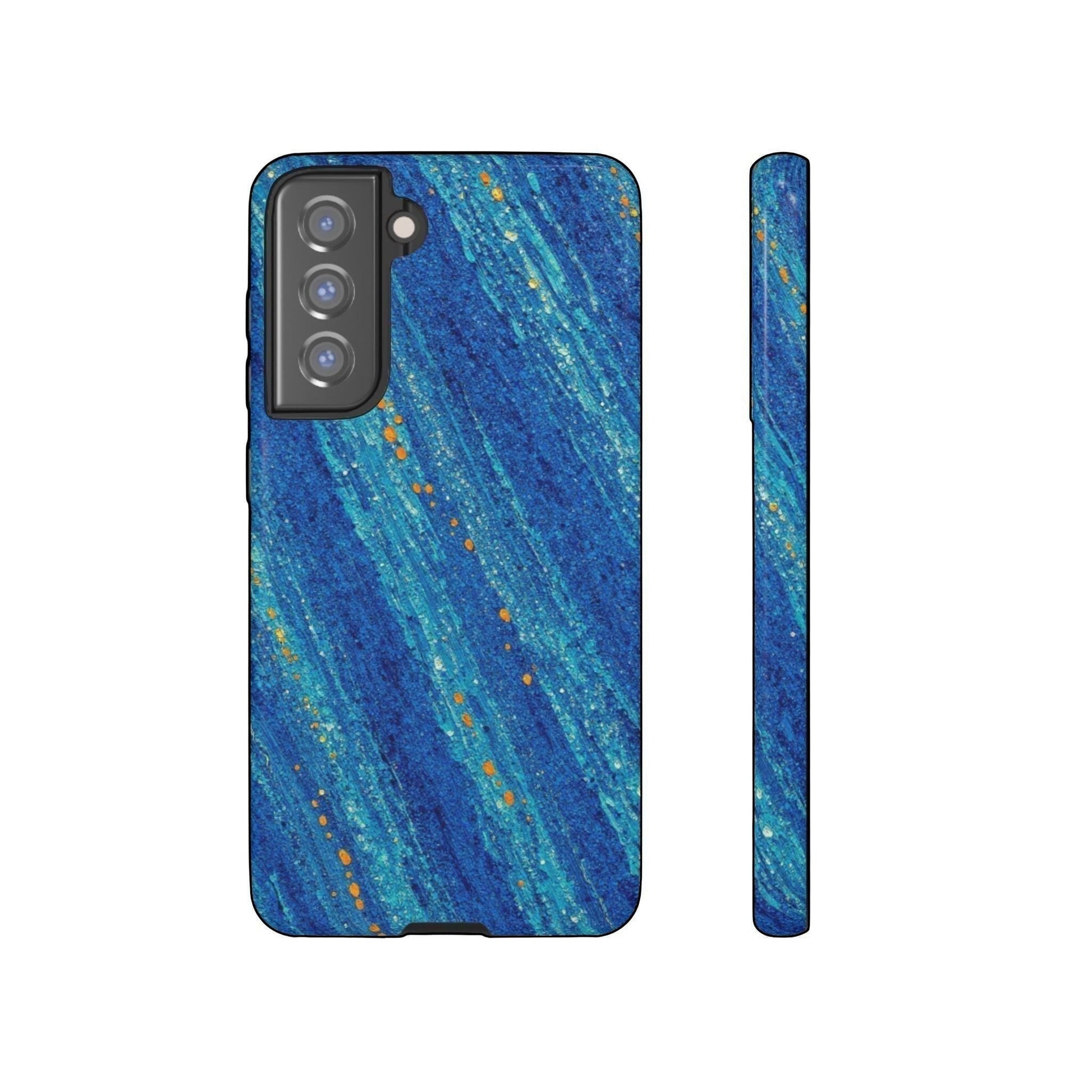 Inspiring Phone Cases Cobalt Drift phone case with blue abstract strokes and orange accents for Samsung Galaxy