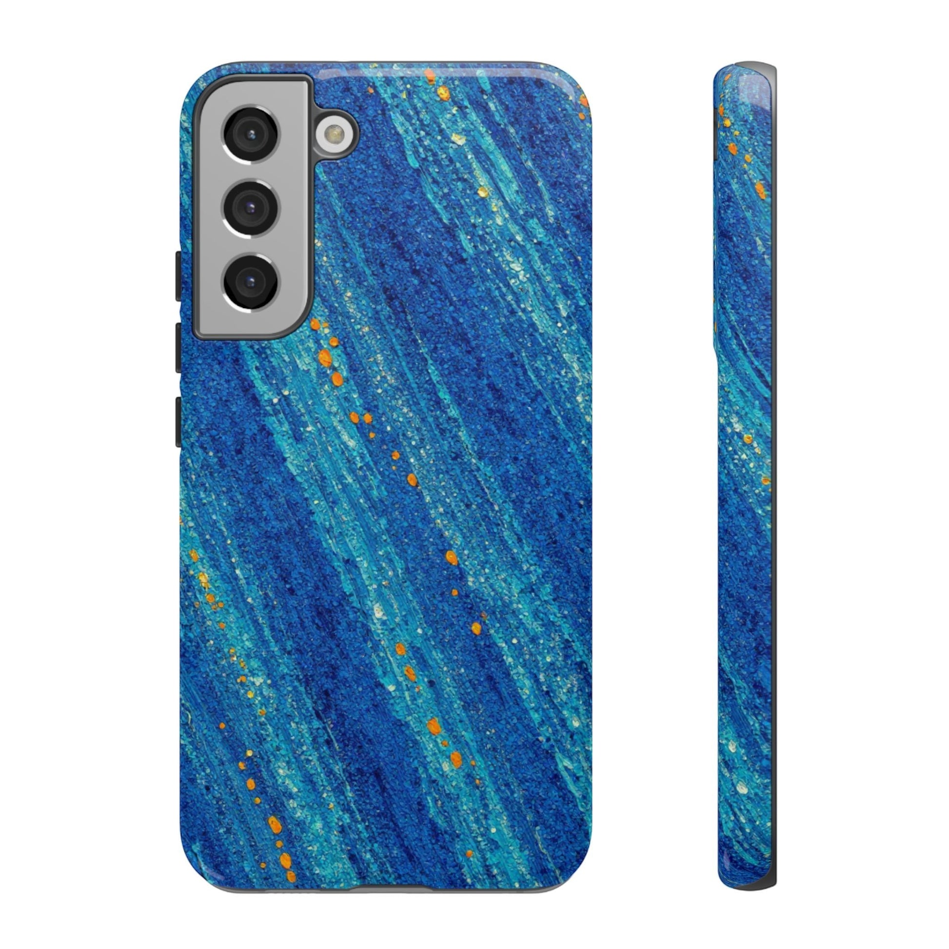 Inspiring Phone Cases Cobalt Drift phone case with abstract blue strokes and orange accents for Samsung Galaxy.