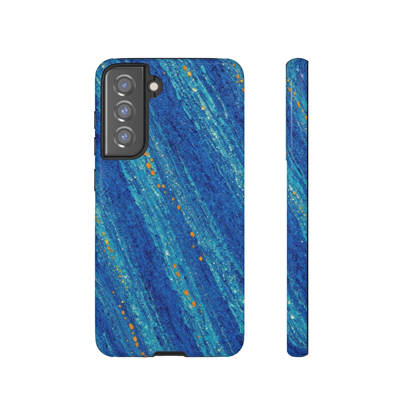 Inspiring Phone Cases Cobalt Drift Samsung phone case with blue abstract strokes and vibrant orange accent flecks.