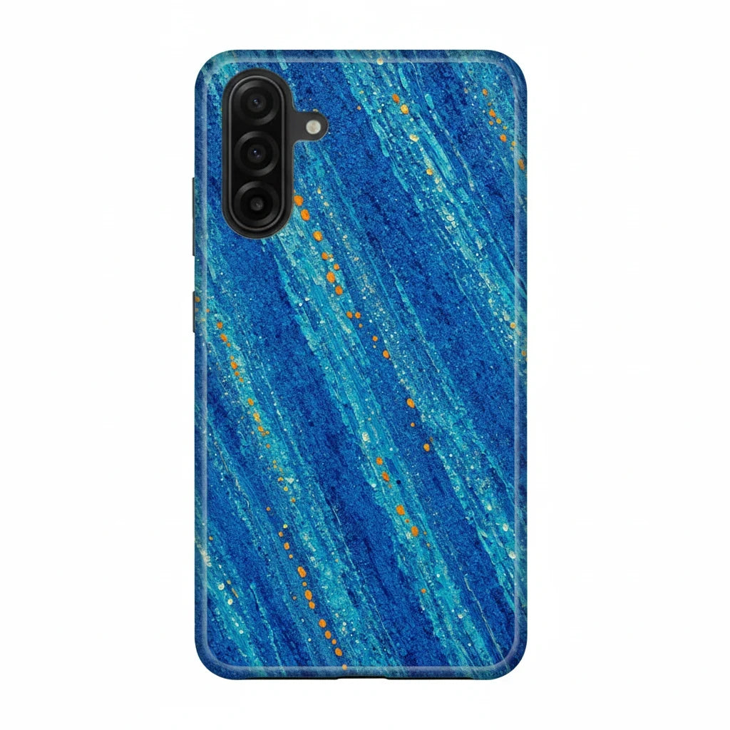 Inspiring Phone Cases Cobalt Drift phone case featuring abstract blue brushstrokes and orange accents for Samsung Galaxy