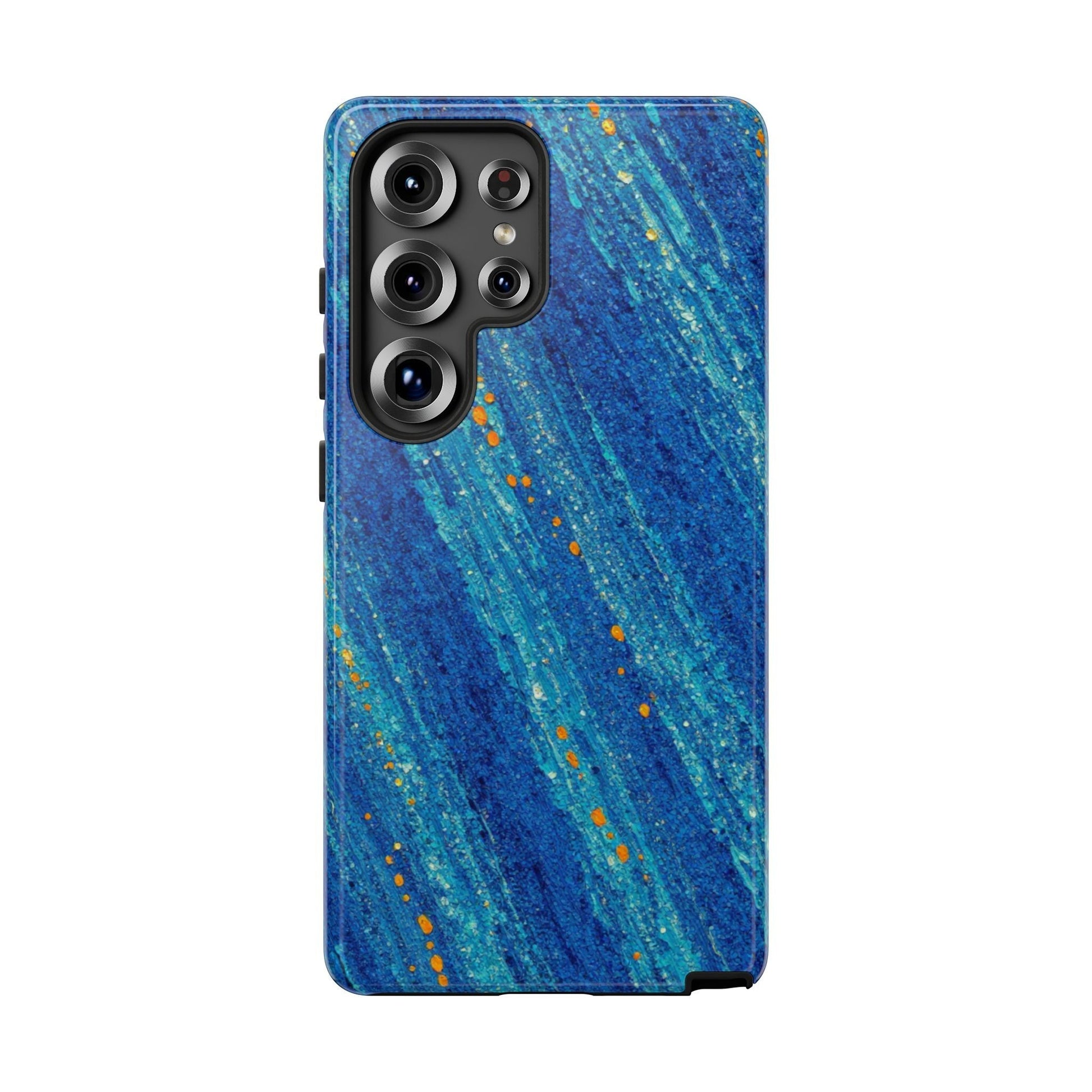 Inspiring Phone Cases Cobalt Drift phone case with blue abstract strokes and orange accents for Samsung Galaxy.