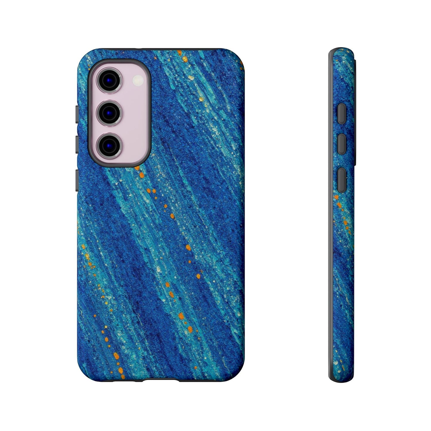 Inspiring Phone Cases Cobalt Drift phone case with blue abstract strokes and orange accents for Samsung Galaxy