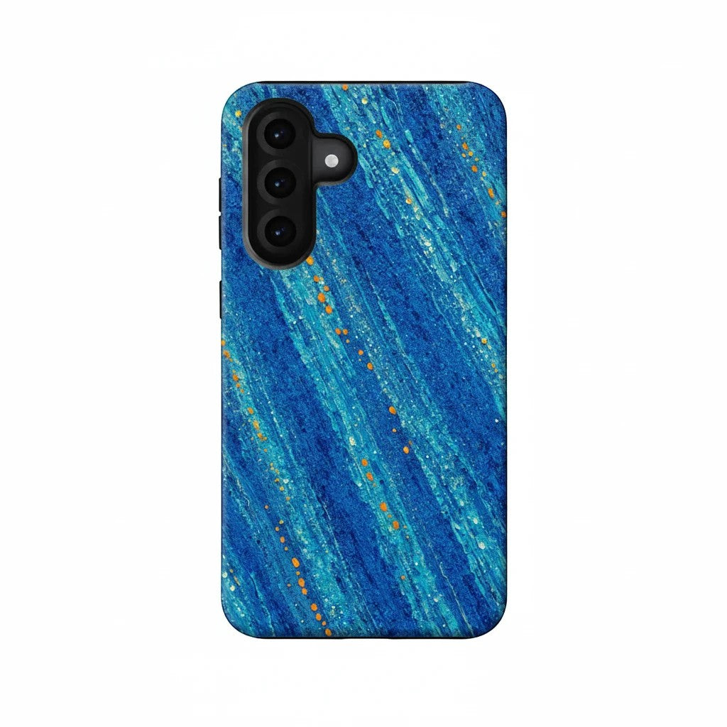 Inspiring Phone Cases Cobalt Drift Samsung phone case with blue abstract strokes and vibrant orange accents.