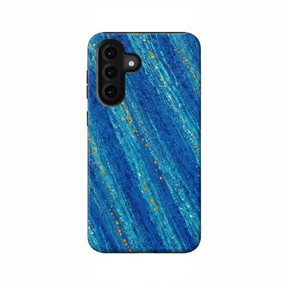 Inspiring Phone Cases Cobalt Drift Samsung phone case with blue abstract strokes and vibrant orange accents.