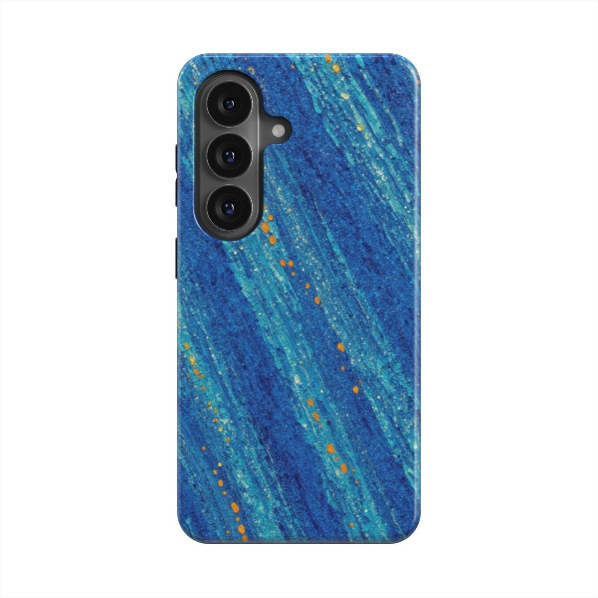 Inspiring Phone Cases Cobalt Drift Samsung phone case with blue abstract brushstrokes and vibrant orange accents.