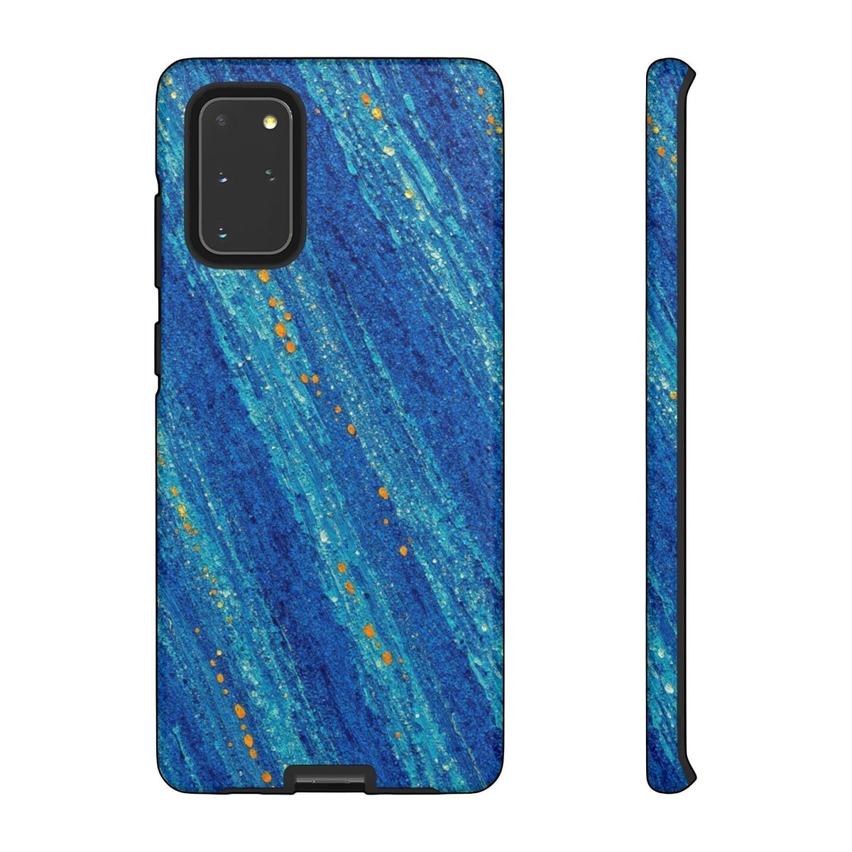 Inspiring Phone Cases Cobalt Drift phone case with blue abstract strokes and orange accents for Samsung Galaxy