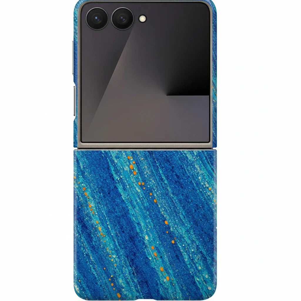 Inspiring Phone Cases Cobalt Drift phone case for Samsung Galaxy Z Flip with blue abstract strokes and orange accents.