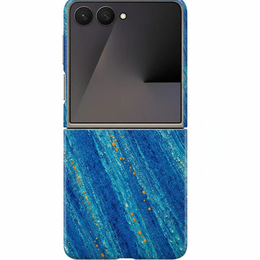 Inspiring Phone Cases Cobalt Drift phone case for Samsung Galaxy Z Flip with blue abstract strokes and orange accents.