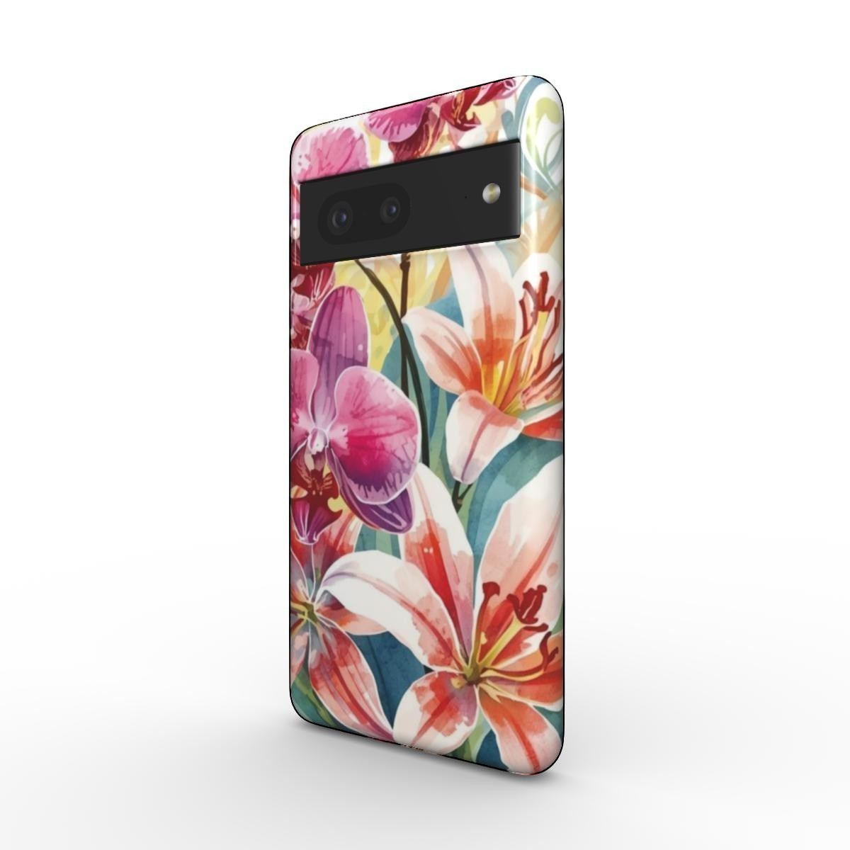 Inspiring Phone Cases floral Google Pixel protective case featuring vibrant hibiscus and orchid botanical illustrations.