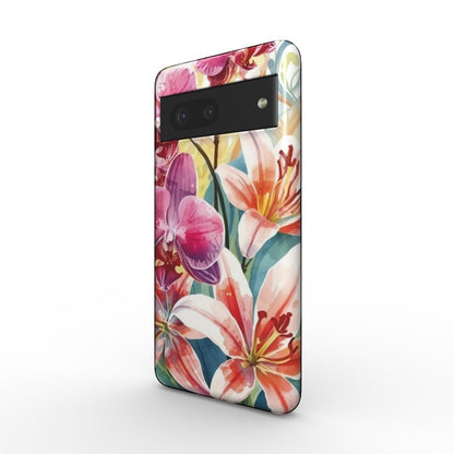 Inspiring Phone Cases floral Google Pixel protective case featuring vibrant hibiscus and orchid botanical illustrations.
