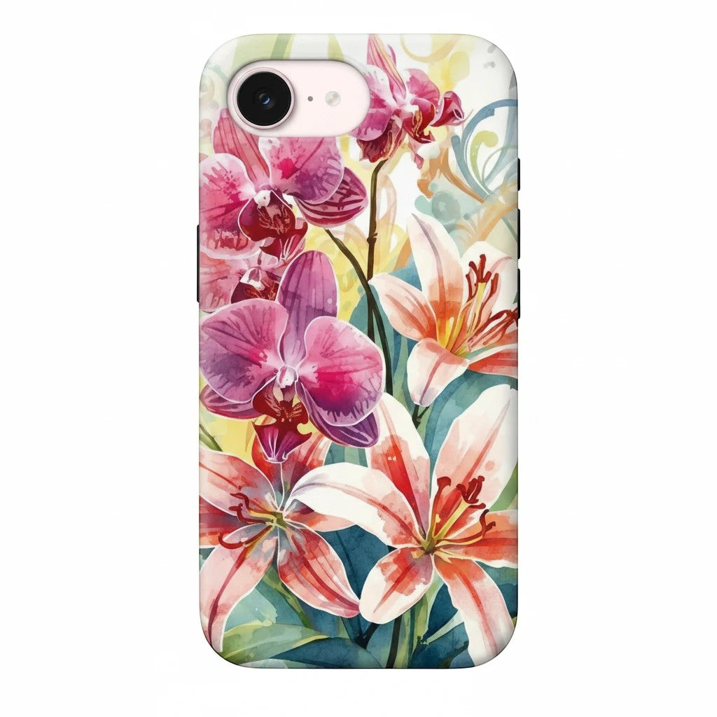 Inspiring Phone Cases floral iPhone 16e and 17e case featuring vibrant watercolor hibiscus and orchid illustrations.