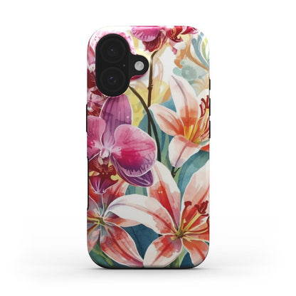 Inspiring Phone Cases floral iPhone 16e and 17e case featuring vibrant hibiscus and orchid botanical illustrations.
