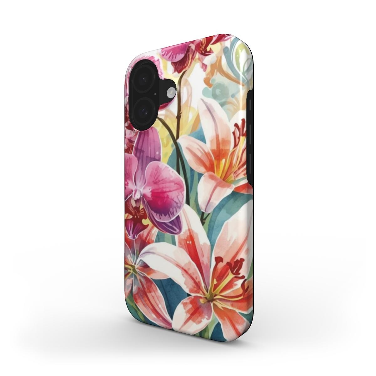 Inspiring Phone Cases floral iPhone 16e and 17e case featuring vibrant hibiscus and orchid botanical illustrations.