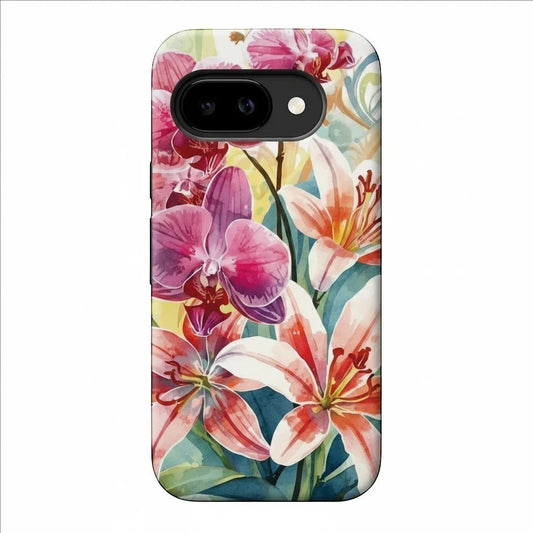 Inspiring Phone Cases Google Pixel protective cover featuring vibrant watercolor hibiscus and orchid floral print
