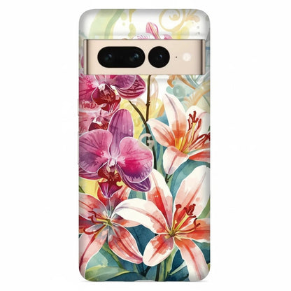Inspiring Phone Cases protective Google Pixel cover featuring vibrant watercolor hibiscus and orchid floral artwork.