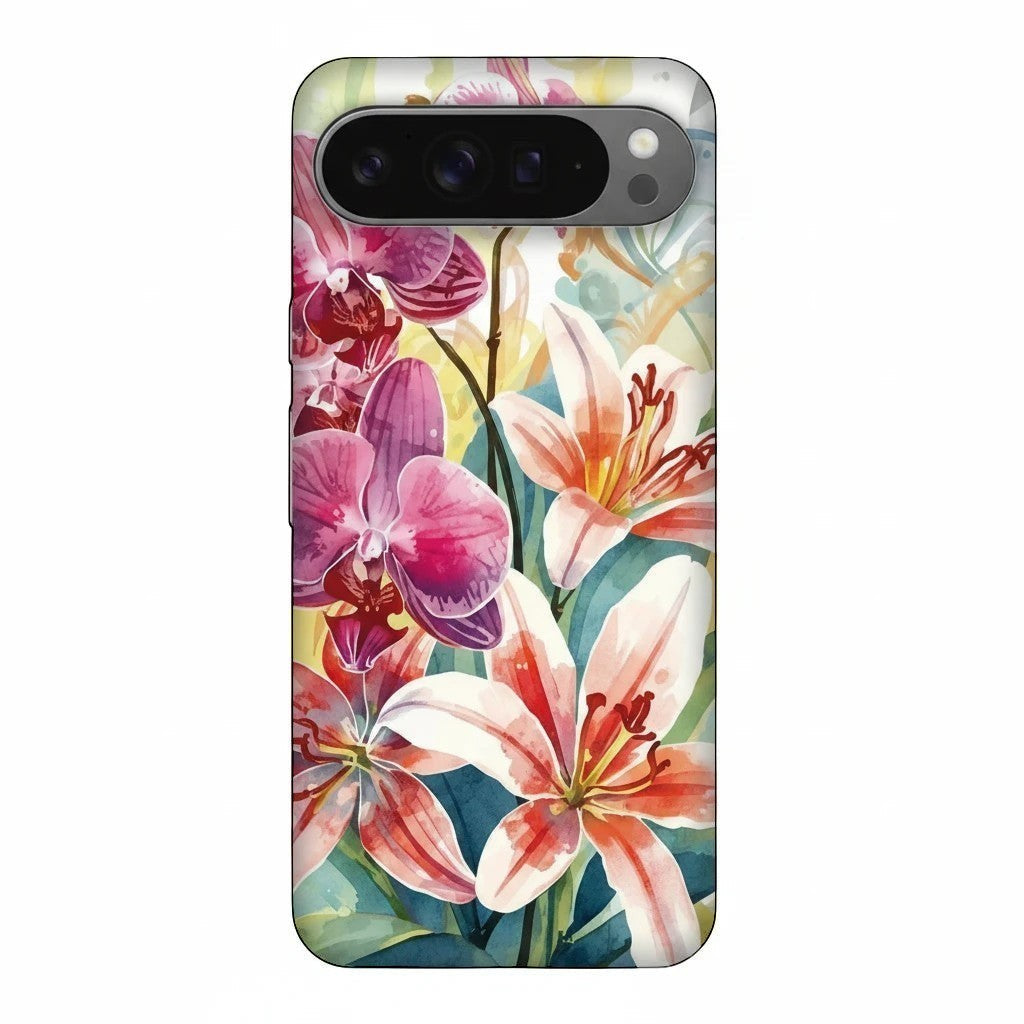 Inspiring Phone Cases Google Pixel protective cover featuring vibrant watercolor hibiscus and orchid floral print