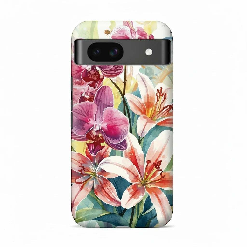 Inspiring Phone Cases protective Google Pixel cover featuring a vibrant watercolor hibiscus and orchid floral print.