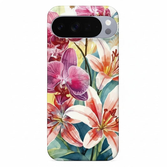Inspiring Phone Cases protective Google Pixel cover featuring vibrant watercolor hibiscus and orchid floral artwork.