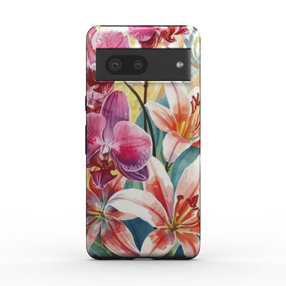 Inspiring Phone Cases protective Google Pixel cover featuring a vibrant watercolor hibiscus and orchid floral print.