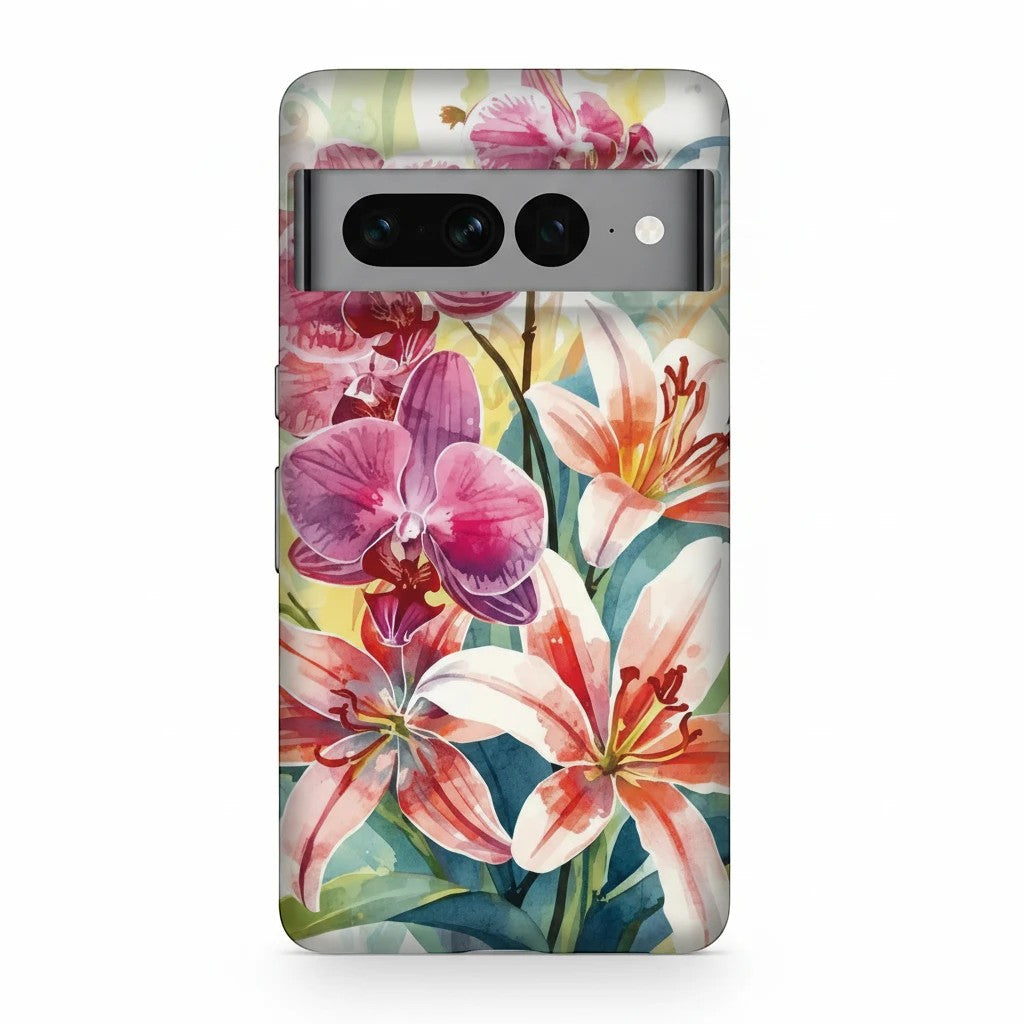 Inspiring Phone Cases protective Google Pixel cover featuring vibrant watercolor hibiscus and orchid floral illustrations.