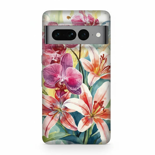 Inspiring Phone Cases protective Google Pixel cover featuring vibrant watercolor hibiscus and orchid floral illustrations.