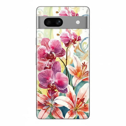 Inspiring Phone Cases protective Google Pixel cover featuring vibrant watercolor hibiscus and orchid floral artwork.