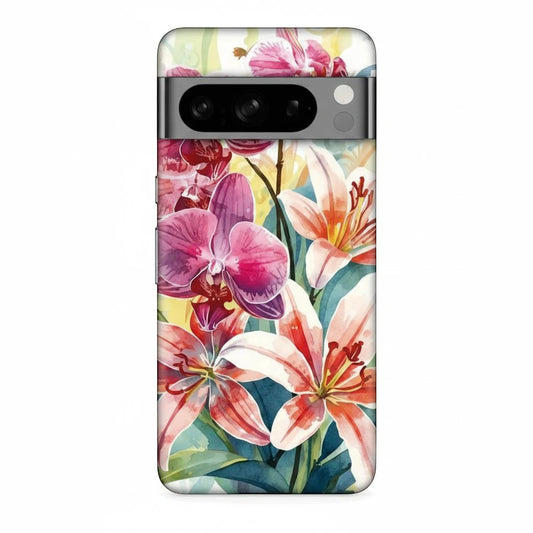 Inspiring Phone Cases protective Google Pixel cover featuring a vibrant watercolor hibiscus and orchid floral design.