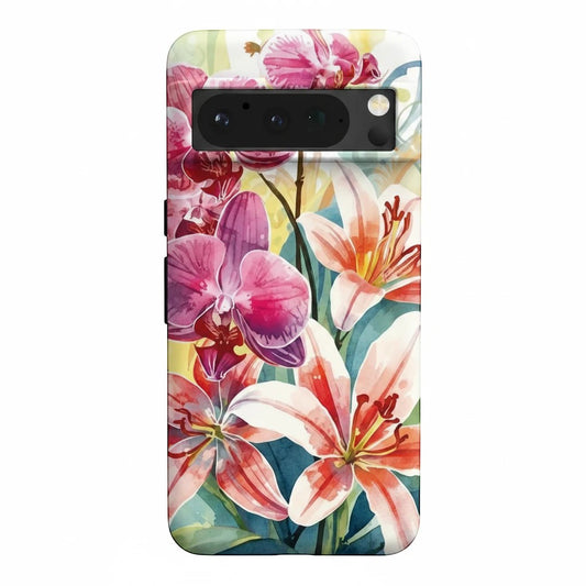 Inspiring Phone Cases Google Pixel protective cover featuring a vibrant watercolor hibiscus and orchid floral print.